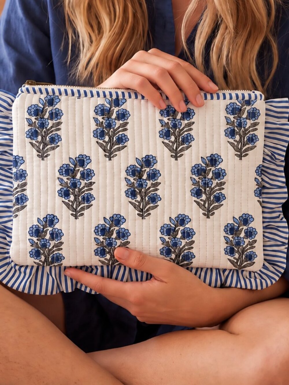 Personalized Ruffled Makeup Bag, Patchwork Quilted Cosmetic Pouch Blue Floral